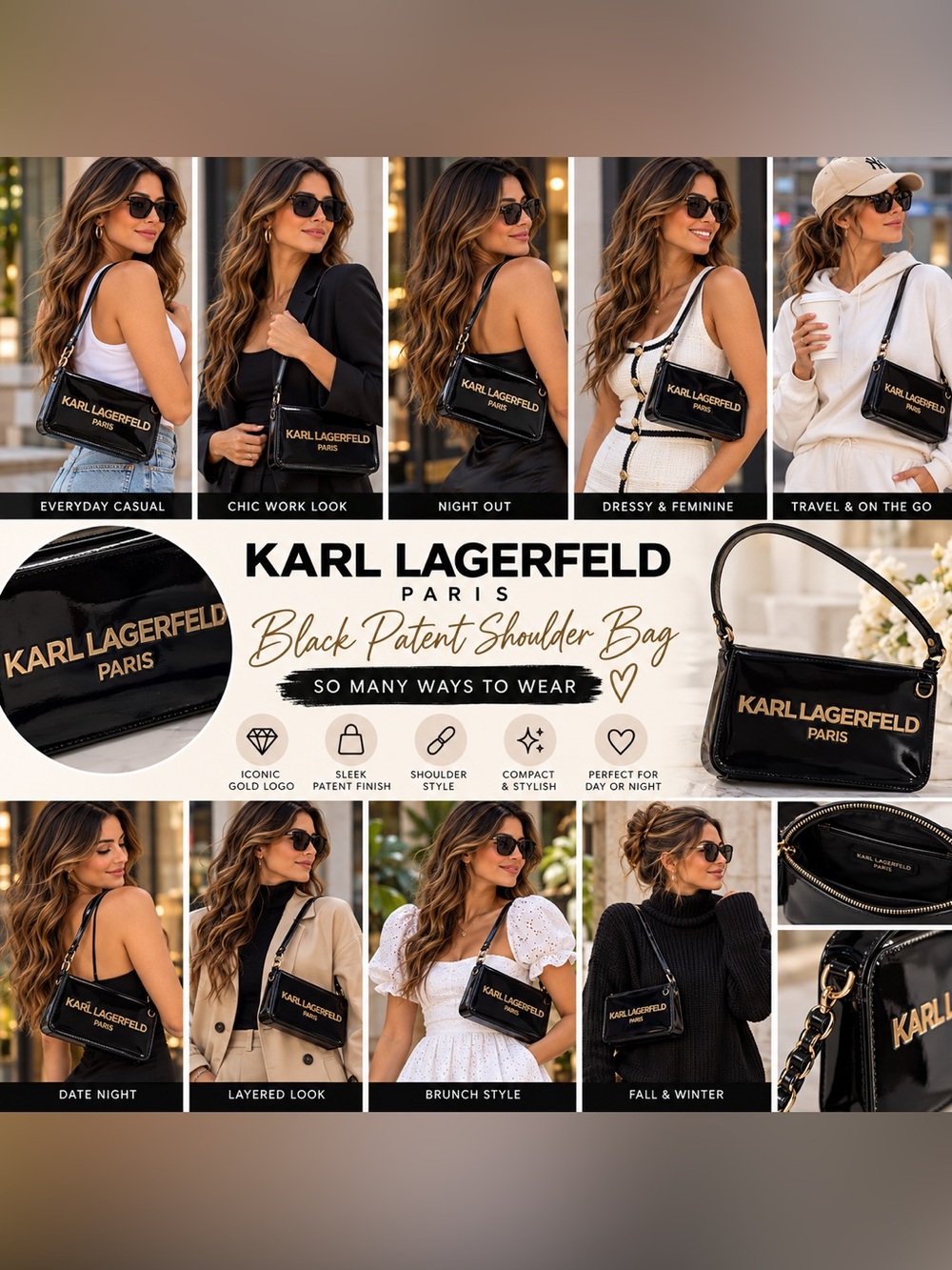 Karl Lagerfeld Black Patent Shoulder Bag with Gold Logo BOX32BAGS
